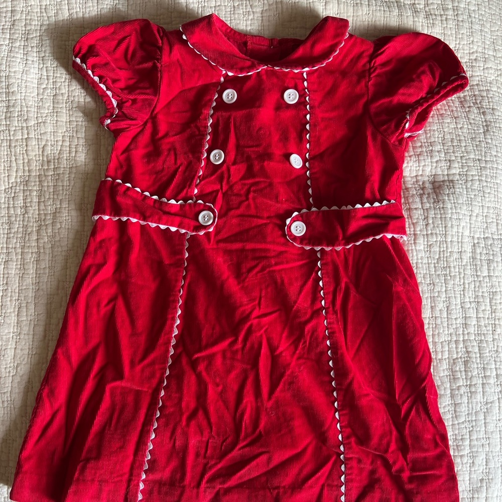 Red corduroy Shrimp and Grits girls dress with Peter Pan collar.